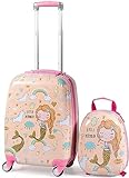 Walizka dziecięca GOPLUS, bagaż podróżny z plecakiem, bagaż dziecięcy, plecak i zestaw walizek, duża pojemność i kółka, walizka 18 '' + plecak 12'' (wzór syreny)