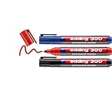 edding 300 ເຄື່ອງຫມາຍຖາວອນ - ສີດໍາ, ສີແດງ, ສີຟ້າ - 3 pens - ປາຍລູກປືນ 1,5-3 ມມ - ທົນທານຕໍ່ນ້ໍາ, ແຫ້ງໄວ, ເຄື່ອງຫມາຍ indelible - ສໍາລັບ cardboard, ພາດສະຕິກ, ແກ້ວ, ໄມ້, ໂລຫະ