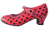 LA SEÑORITA Zapatos de Flamenco para Niña y Mujer [Talla 24 a 42]. Zapatos de Tacón para Sevillanas y Clases de Baile. Suela de Goma & Gran Sujeción. Zapatos de Gitana Rojos con Lunares Negros