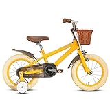 STITCH Bicicleta para Niños y Niñas de 14 Pulgadas para 3, 4, 5 y 6 Años Kids Bike con Ruedas de Entrenamiento y Frenos de Mano Bici Amarillo