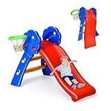 RELAX4LIFE 可折疊 HDPE 兒童滑梯，帶籃球籃，適合 3-8 歲兒童穩定攀爬滑梯，帶手柄室內外滑梯，108x68x71,5 厘米，多色