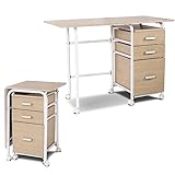 COSTWAY Folding Computer Desk, Desk with 3 Removable Drawers and Lockable Wheels, Modern and Space-Saving Wooden Table for Bedroom and Office (Natural)