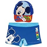 Bañador Mickey Mouse para Playa o Piscina + Gorra Mickey Mouse Disney para Niños | Pack de Bañador y Gorra Disney Mickey Mouse | Bañador Mickey Mouse Tipo Bóxer + Gorra Disney Ajustable (4 años, Azul)