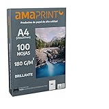 Amaprint 100 hojas de papel fotográfico A4 brillante 180g/m² para impresora inkjet - alto brillo - resistente al agua
