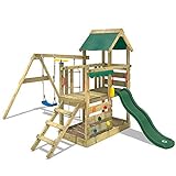 WICKEY Parque infantil de madera TurboFlyer con columpio y tobogán verde, Torre de escalada da exterior con arenero y escalera para niños