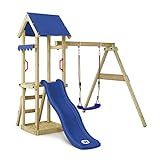 झूले और नीली स्लाइड के साथ विकी टाइनीवेव क्लाइंबिंग पार्क, बगीचे के लिए सैंडबॉक्स, सीढ़ी और खेल सहायक उपकरण के साथ आउटडोर बच्चों के लिए क्लाइंबिंग टॉवर