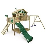 Aire de jeux WICKEY Smart Coast avec balançoire et toboggan vert, tour d'escalade extérieure pour enfants avec bac à sable, échelle et accessoires de jeu pour le jardin