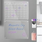 Pizarra magnética acrílica de borrado en seco y calendario para nevera, juego de 2 calendarios transparentes para refrigerador, planificador reutilizable, incluye 6 marcadores de borrado en seco
