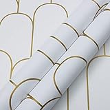 VANISA Papel pintado blanco y dorado adhesivo de plástico 44x500 cm, papel pintado geométrico autoadhesivo para despegar y pegar, baño, sala de estar