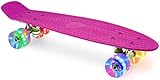 Skevic Skateboard 55cm/22inch para Principiantes Adultos y Niños, Mini Cruiser Retro Skateboard con All-in-One Skate T-Tool, Skateboard con 4 LED PU Ruedas (Rosa)