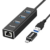 Techole HUB USB 3.0, Aluminio USB Hub Ethernet Adaptador 10/100/1000 Mbps Gigabit Ethernet, 3 USB 3.0 Puertos con Tarjeta Red LAN RJ45 y Adaptador USB C para Mac, Chromebook, Windows 10/8/7/XP, Linux