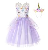 JerrisApparel Disfraz Unicornio Niña Volantes Flor Boda Partido Princesa Vestido (6-7 años, Lila)