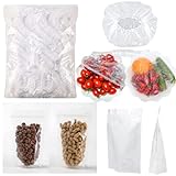 200 Bolsas de plastico reutilizables para conservación de alimentos, fundas elásticas transparentes + 10 bolsas de Almacenamiento de alimentos con cierre zip reutilizables transparentes, herméticas