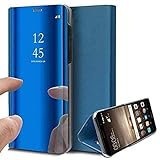 Caler Case Compatible con Samsung Galaxy S7 Edge Funda Cuero PU Espejo Brillante Clear View Modelo Fecha Duro Cover Flip Tapa Libro Soporte Plegable Ventana de Espejo Transparente Carcasa(Azul)