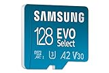 Samsung EVO Select 128GB, microSD, A2, V30, 130 MB/s, FHD, 4K UHD, tarjeta de memoria con adaptador para Smartphone, Tablet, Cámara de Acción, Drone o Notebook, Color azul (MB-ME128KA)