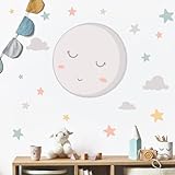 Παιδικό βινύλιο για μωρό - T0- Basic 80x40 cm Πανσέληνος με αστέρια. Γκρι φεγγάρι και πολύχρωμα αστέρια - Παιδικό βινύλιο