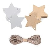 Etiquetas de regalo de estrella de 100 piezas con hilo de yute natural de 20 m / 65 pies, blanco y marrón de 6 cm, etiqueta de papel Kraft para tarjetas de recuerdo de boda, etiqueta de regalo