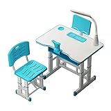 4YANG Juego de escritorio y silla para niños, mesa de estudio ajustable en altura con cajones de escritorio antirreflectantes, luz LED, lector y ortesis, ideal para niños de 3 a 15 años (azul)