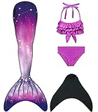 DNFUN Traje de baño de Cola de Sirena para niñas con Princesa de Sirena Traje de baño de Cosplay para Nadar con Bikini y Monofin, Juego de 4