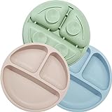 PandaEar Platos de silicona para bebé antideslizantes para niños con ventosas – Platos de bebé estables divididos – sin BPA – Paquete de 3 – Apto para lavavajillas y microondas (Azul/verde/marrón)