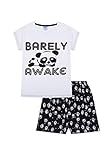 Pijamas cortos con diseño de panda y texto en inglés 'Barely Awake', en blanco y negro, para niñas de 9 a 16 años Blanco blanco 9-10 Años