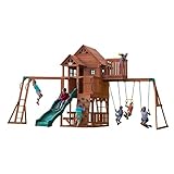 Backyard Discovery Parque Infantil Skyfort II | Zona Infantil para ninos de Madera XXL con Columpio, Tobogan, Muro de Escalada y Torre de observación | Area de Juegos para Jardin