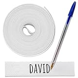 1 rouleau de ruban de tissu blanc de 3 mètres x 1 cm. Étiquette thermocollante pour écrire avec un stylo. Comprend un stylo