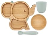 Ensemble de sevrage en bambou et silicone ~ Assiette ventouse éléphant, bol en bambou plus tasse et cuillère en silicone