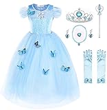 JerrisApparel Nuevo Vestido de niña Ceremonia Princesa Disfraz con Mariposa (110cm, Cielo Azul con Accesorios)