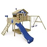 Plac zabaw WICKEY Smart Coast z niebieską huśtawką i zjeżdżalnią, zewnętrzna wieża wspinaczkowa dla dzieci z piaskownicą, drabiną i akcesoriami do zabawy w ogrodzie