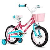 JOYSTAR Princess Bicicleta para niñas con ruedas de entrenamiento, cesta y freno de mano, bicicleta para niños de 14 pulgadas para niños de 3, 4 y 5 años, bicicleta para niñas pequeñas, color rosa
