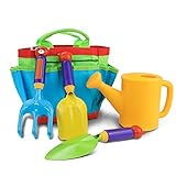 LIUWUSAH Juego de herramientas de jardín para niños con regadera, pala, rastrillo y bolsos, regalo para niños y niñas a partir de 3 años
