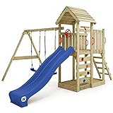 Wickey MultiFlyer Wooden Playground with Swing and Slide Blue, Outdoor Climbing Tower with Roof, Sandpit and Ladder for Children