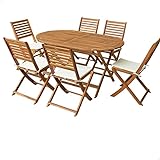 AKTIVE 61002 - Conjunto mesa y sillas de madera para jardín y terraza, incluye mesa plegable 150 x 89 x 74 cm y 6 sillas de madera con cojín
