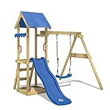 WICKEY Parque infantil de madera TinyWave con columpio y tobogán azul, Torre de escalada da exterior con arenero y escalera para niños