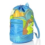 MOOKLIN ROAM Stor mesh strandlegetøjstaske, holdbar rygsæk med snoretræk til børn opbevaringstasker (legetøj medfølger ikke) (blå)