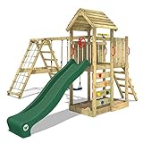 WICKEY Parque infantil de madera RocketFlyer con columpio y tobogán verde, Torre de escalada de exterior con arenero y escalera para niños
