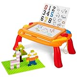 Mesa de dibujo magnética para niños, pizarra 3 en 1, para niños pequeños, mesa de actividad con bloques de juguete, mesa de juego educativo para 2, 3, 4 y 5 años, regalo (naranja)