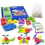 Lesena sestavljanka z geometrijskimi oblikami, leseni tangram, zabavna izobraževalna igrača, s 155 kosi geometrijskih oblik in 24 karticami z dizajnom, primerna za otroke od 3, 4, 5, 6, 7 let