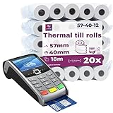 Papel térmico 57mm x 18m x 12mm - Ideal para máquinas de tarjetas de Crédito - Rollos ideal para todos los TPV y las impresora térmica - (57x40x12) Blanco -Sin BPA (20 Rollos)