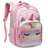 女孩背包，VASCHY 獨角獸女孩書包 6-10 歲女孩防水兒童背包，帶平板電腦隔層和前夾，適合學校旅行，粉色