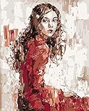 Pintura por números, mujer joven en vestido rojo, 40 x 50 cm, sin bastidor