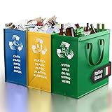 PTMS Cubos de basura de reciclaje - 3 Cubo basura reciclaje para vidrio, papel y plástico - Bolsas reciclaje en colores estándar - Papelera cocina fácil de vaciar (Color Edition)