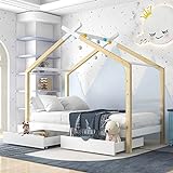 KecDuey Cama de casa 90 x 200 cm con 2 cajones, madera maciza con somier, habitación infantil y juvenil, azul marino (90 x 200 cm), color blanco