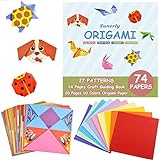 Sunerly Kit de Origami Colorido Libro instructivo de 14 páginas 74 Papeles de Origami vívidos de Doble Cara 27 Proyectos Origami para niños Clases de capacitación