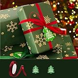 Papel de Regalo Navidad, Papel Kraft Infantil Papel Envolver Regalos Navidad verde con Etiquetas Regalo y Cintas, Papel Embalar Reciclado 70 * 100cm Grandes Kit Original Copo de Nieve(2 Pieza)