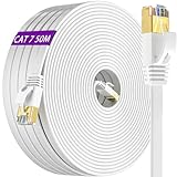 Cable Ethernet 50 Metros, Cat 7 Cable de Red Exterior FTP Blindado Plano Rj45 Cable Network 50m Gigabit Blanco 10Gbit/s 600MHz Alta Velocidad Cable Internet para Router Módem