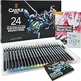 Castle Art Supplies Set markere acuarela | 24 de culori strălucitoare cu vârfuri de nailon | Colorat, desen și litere: profesioniști, artiști și începători | Geanta de voiaj cu pensula acuarela