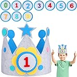 JOYUE Corona de Infantil Cumpleaños, Unisex Corona per Números Intercambiables del 0 al 9, Corona de Tela Ideal per Fiestas de Cumpleaños (Con 2 pcs Decoración de Pasteles) (Bleu)