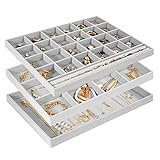 Procase 3 Jewelry Organizer Trays, Stackable for Drawer Dresser Cabinet, Display of Necklaces Earrings Bracelets Rings Rings, Ideal gift for Women and Girls -Gray